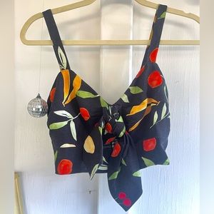 Medium Calypso Black Fruit Print Tie-Front Crop Top